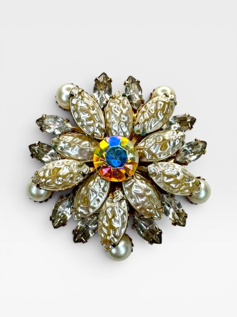 Floral Brooch AB Crystal Faux Pearl Acrylic Gold Tone Pin Vintage